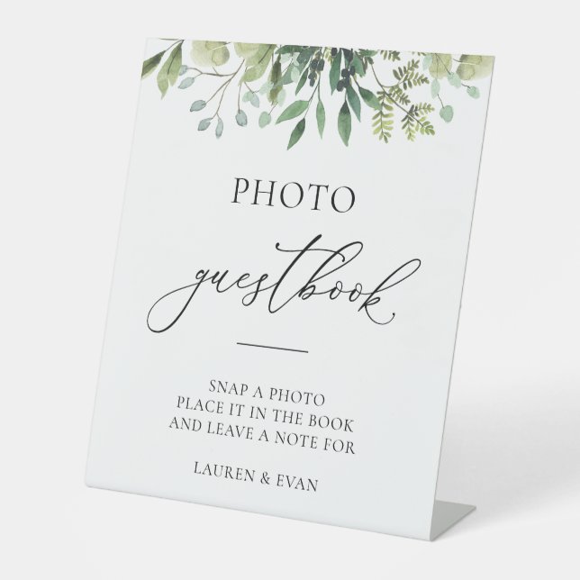 Watercolor Greenery Simple Elegant Photo Guestbook Pedestal Sign (Front)