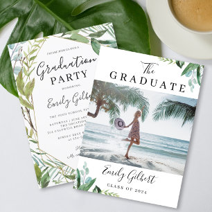Watercolor Greenery Summer Graduation Party Photo Invitation