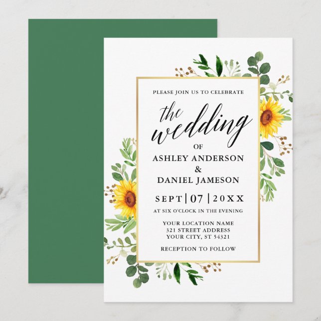 Watercolor Greenery Sunflowers Calligraphy Wedding Invitation (Front/Back)