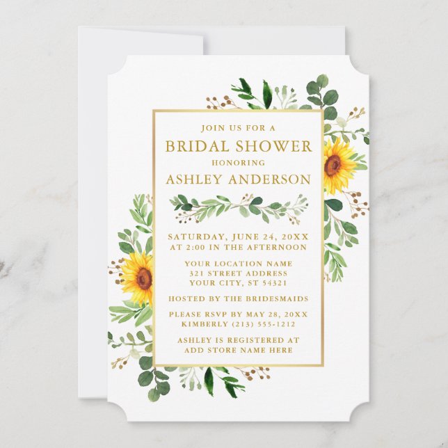 Watercolor Greenery Sunflowers Gold Bridal Shower Invitation (Front)