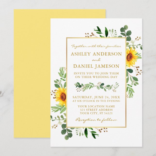Watercolor Greenery Sunflowers Gold Frame Wedding Invitation (Front/Back)