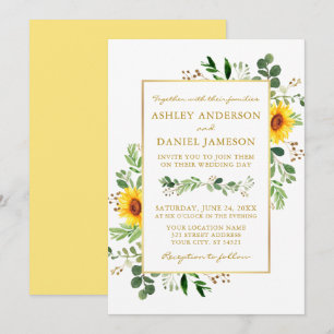 Watercolor Greenery Sunflowers Gold Frame Wedding Invitation