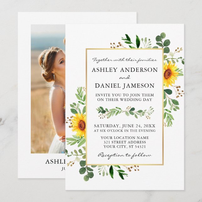 Watercolor Greenery Sunflowers Gold Photo Wedding Invitation (Front/Back)