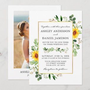 Watercolor Greenery Sunflowers Gold Photo Wedding Invitation