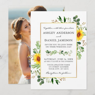 Watercolor Greenery Sunflowers Photo Back Wedding Invitation