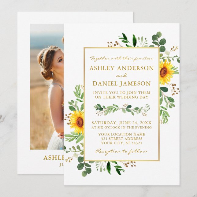Watercolor Greenery Sunflowers Photo Gold Wedding Invitation (Front/Back)