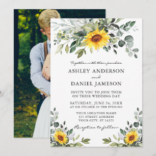 Watercolor Greenery Sunflowers Photo Wedding Invitation