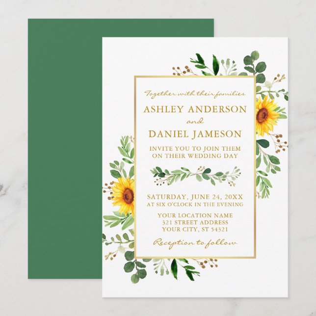 Watercolor Greenery Sunflowers Wedding Gold Invitation (Front/Back)