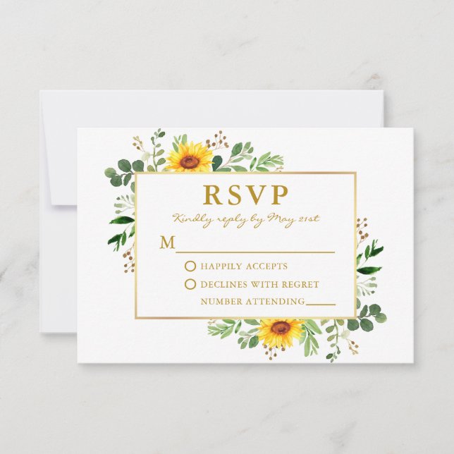 Watercolor Greenery Sunflowers Wedding Gold RSVP Card (Front)