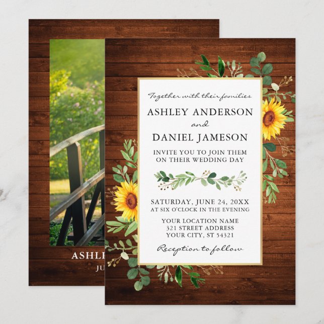 Watercolor Greenery Sunflowers Wood Photo Wedding Invitation (Front/Back)