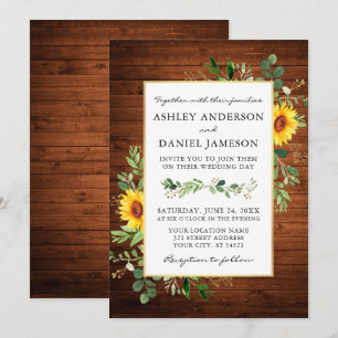 Watercolor Greenery Sunflowers Wood Wedding Invitation