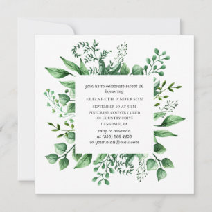 Watercolor greenery Sweet 16. Green 16th birthday Invitation