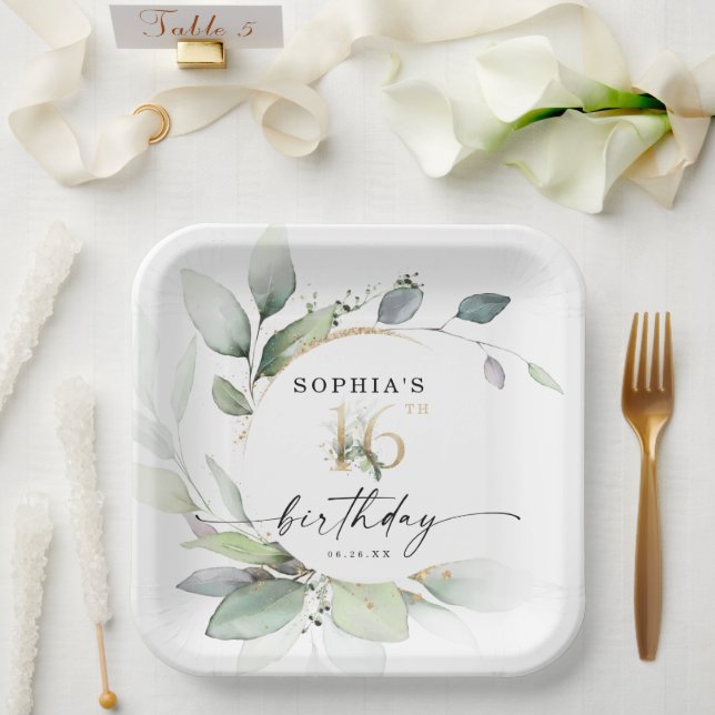 Watercolor Greenery Sweet 16th Birthday Paper Plate (Wedding)