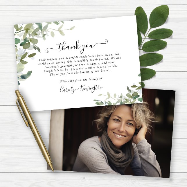 Watercolor Greenery Sympathy Photo Thank You (Watercolor Greenery Sympathy Photo Thank You Cards)