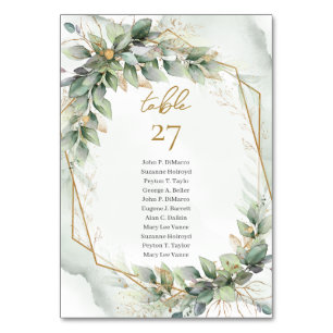 Watercolor greenery table number with guest names