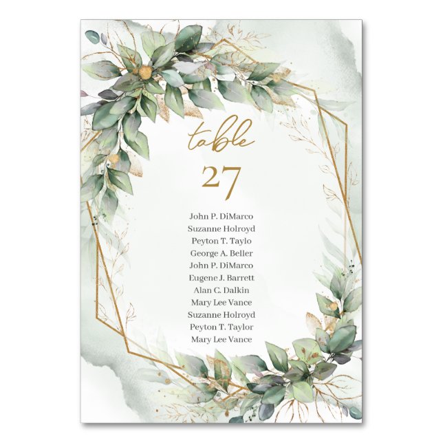 Watercolor greenery table number with guest names (Front)