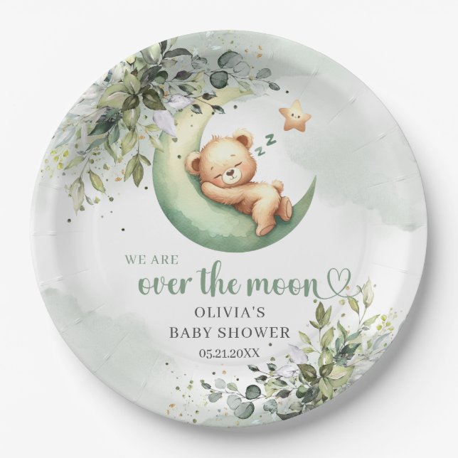 Watercolor greenery teddy bear over the moon paper plate (Front)