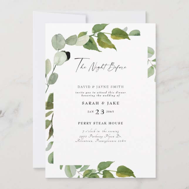 Watercolor Greenery The Night Before  Invitation (Front)