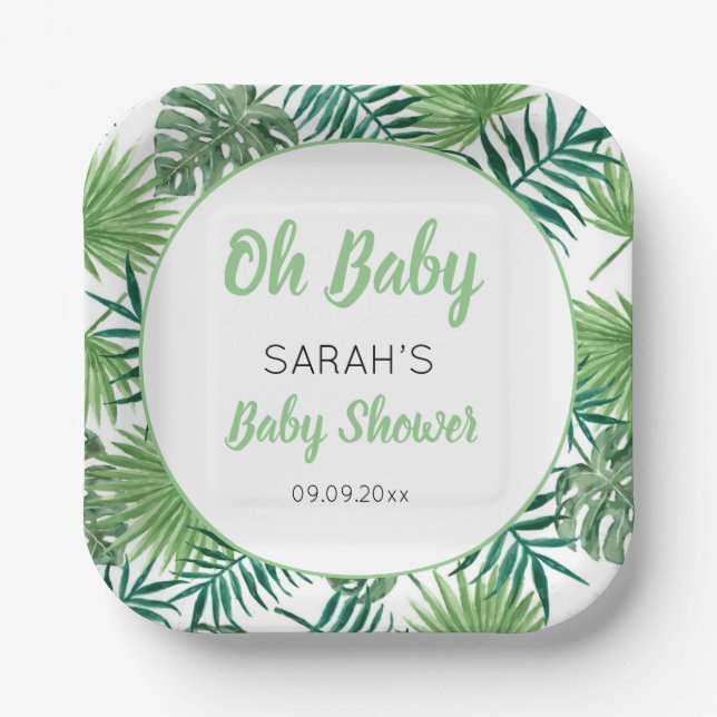 Watercolor Greenery Tropical Leaf Baby Shower Paper Plate (Front)