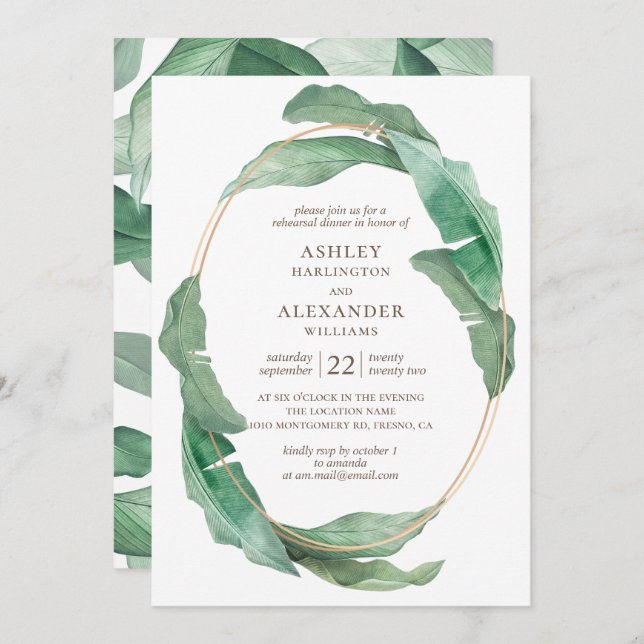 Watercolor greenery. Tropical rehearsal dinner Invitation (Front/Back)