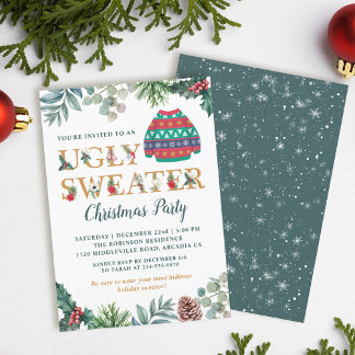 Watercolor Greenery Ugly Sweater Christmas Party Invitation