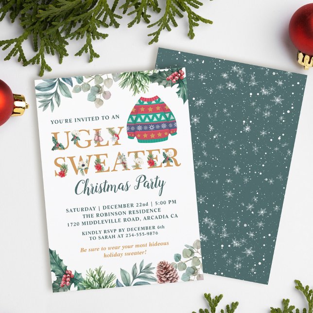 Watercolor Greenery Ugly Sweater Christmas Party Invitation (Creator Uploaded)