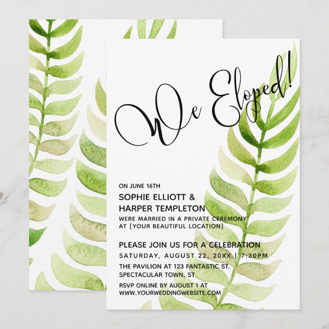 Watercolor Greenery We Eloped! After-Wedding Invitation (Front/Back)
