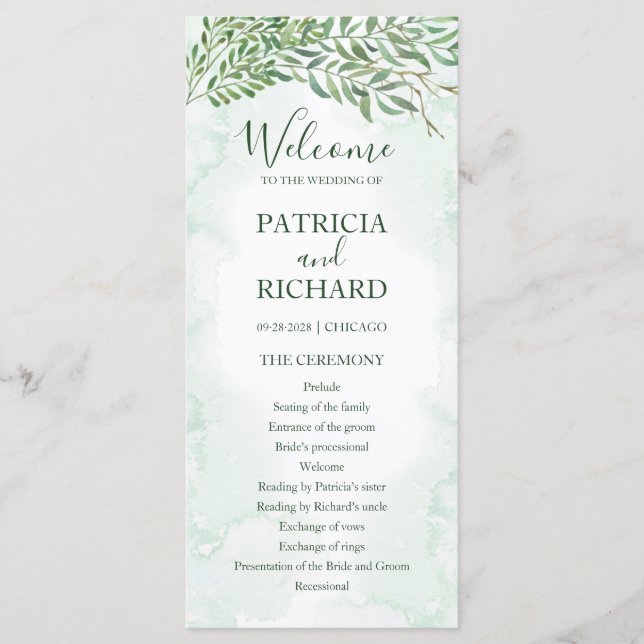 Watercolor Greenery Wedding Ceremony Program Programme (Front)