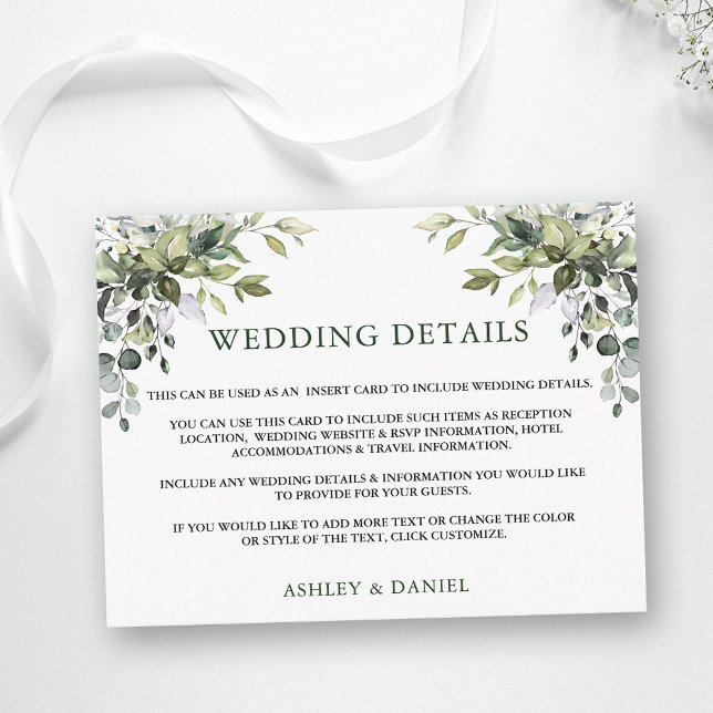 Watercolor Greenery Wedding Details Insert Card (Customize to change text color, text style or add text & photos to back of card.)