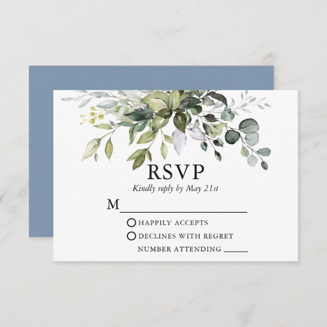 Watercolor Greenery Wedding Dusty Blue RSVP Card (Front/Back)