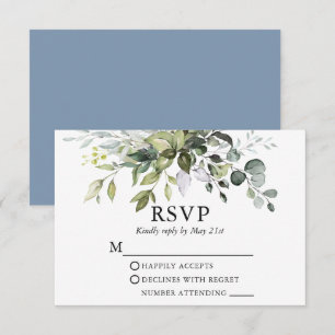 Watercolor Greenery Wedding Dusty Blue RSVP Card