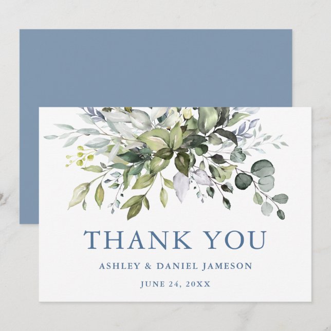 Watercolor Greenery Wedding Dusty Blue  Thank You Card (Front/Back)