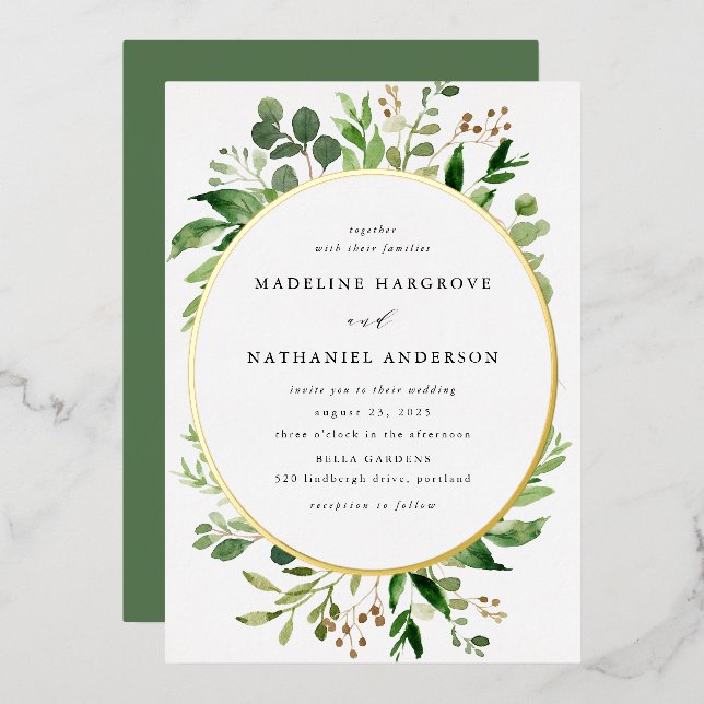 Watercolor Greenery Wedding Foil Invitation (Front/Back)
