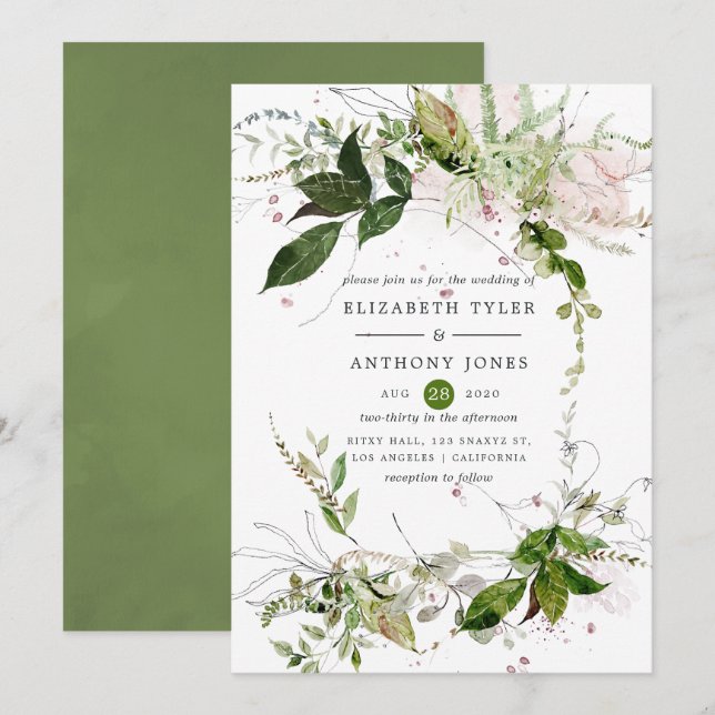 Watercolor Greenery Wedding Invitation (Front/Back)