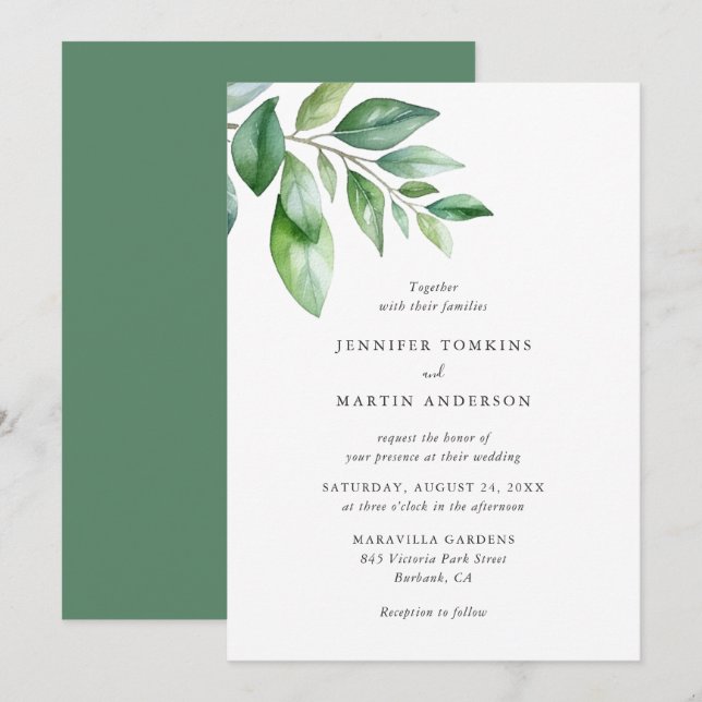 Watercolor Greenery Wedding Invitation (Front/Back)