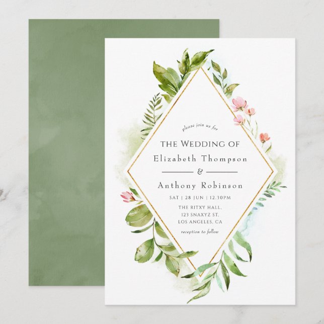 Watercolor Greenery Wedding Invitation (Front/Back)