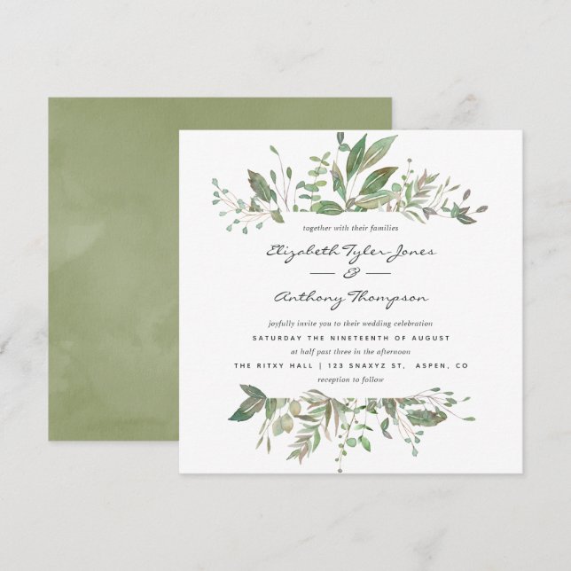 Watercolor Greenery Wedding Invitation (Front/Back)