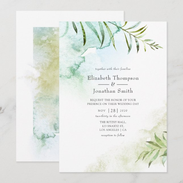 Watercolor Greenery Wedding Invitation (Front/Back)