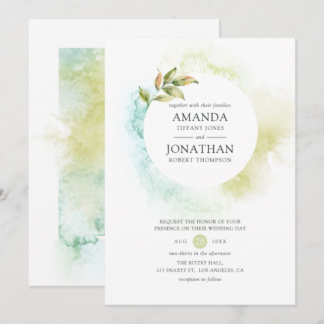 Watercolor Greenery Wedding Invitation (Front/Back)