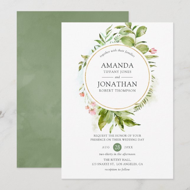 Watercolor Greenery Wedding Invitation (Front/Back)