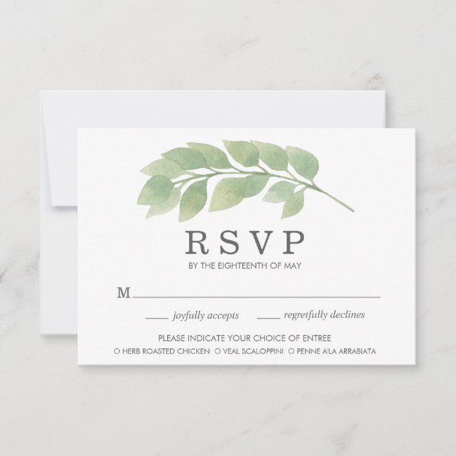 Watercolor Greenery Wedding Meal Choice RSVP Card (Front)