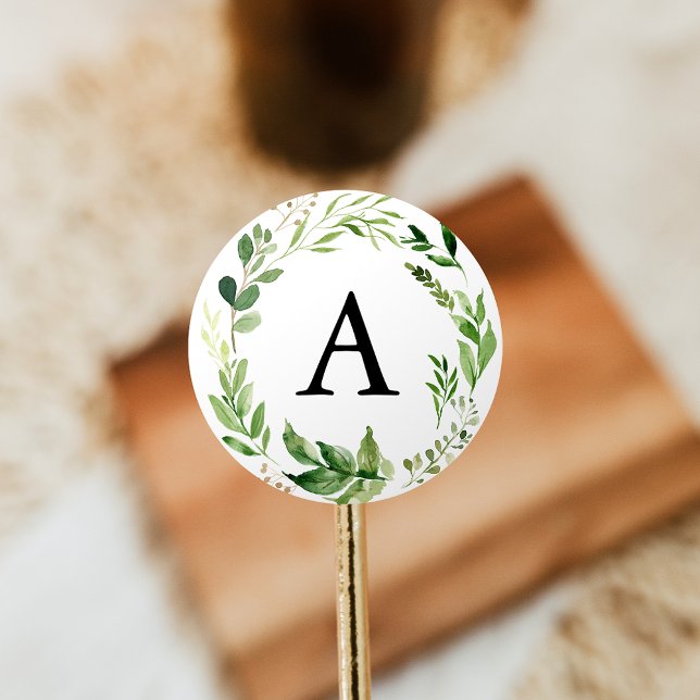 Watercolor Greenery Wedding Monogram Classic Round Sticker (Creator Uploaded)