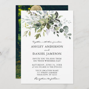 Watercolor Greenery Wedding Photo Back Invitation