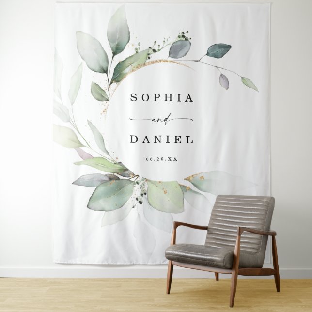 Watercolor Greenery Wedding Photo Prop Backdrop Tapestry (In Situ)