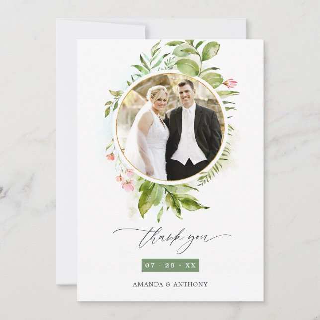 Watercolor Greenery Wedding Photo Thank You Card (Front)