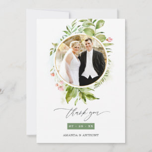 Watercolor Greenery Wedding Photo Thank You Card