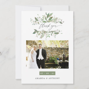 Watercolor Greenery Wedding Photo Thank You Card
