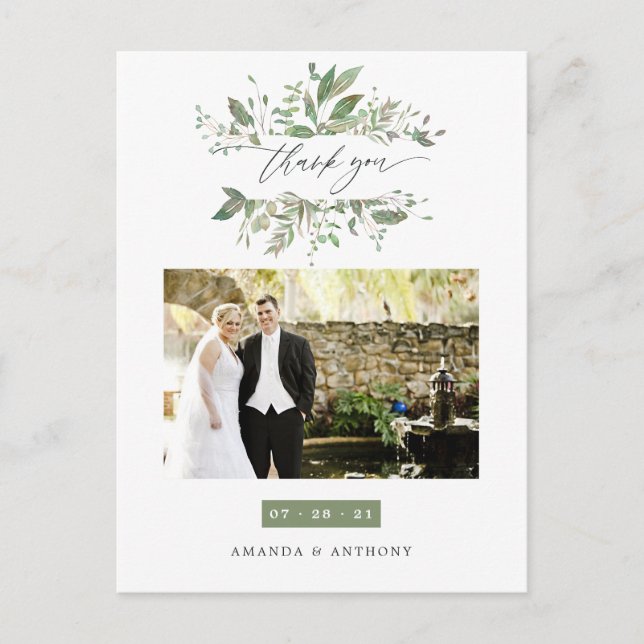 Watercolor Greenery Wedding Photo Thank You Postcard (Front)