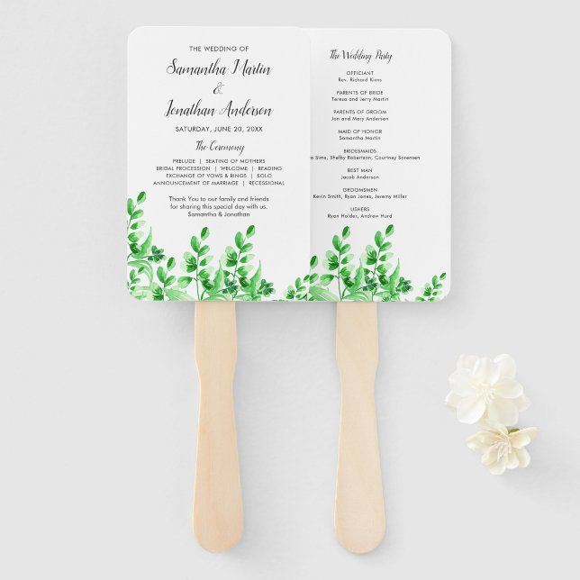 Watercolor Greenery Wedding Program Hand Fan (Front and Back)