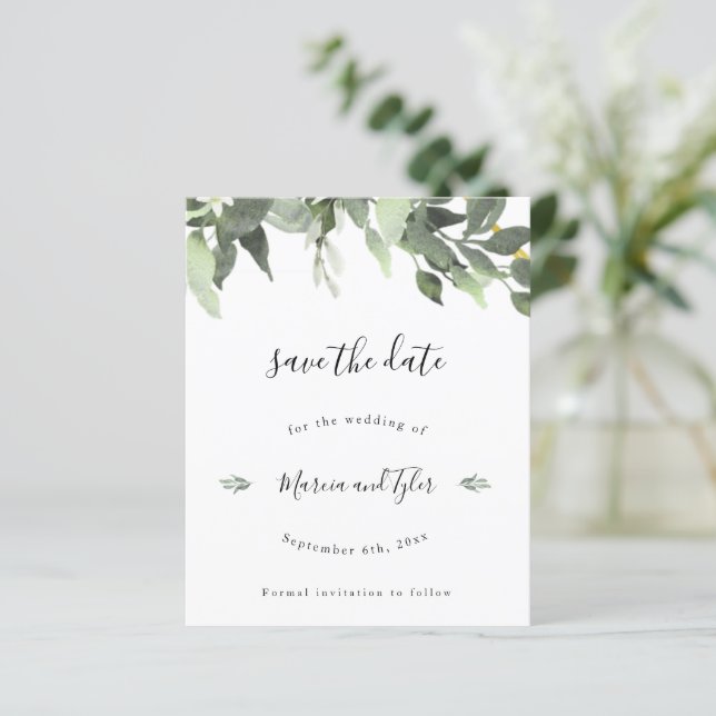 Watercolor Greenery Wedding Save The Date Cards (Standing Front)